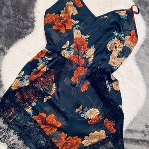 Silky lace floral print romper